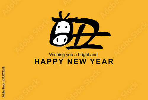 New Years Card Of Cow & Kanji Of Year Of The OX