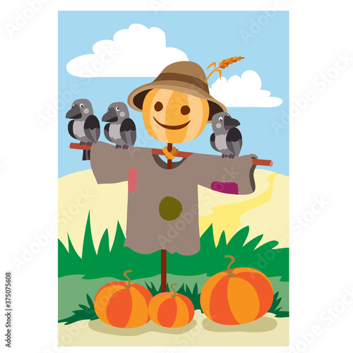 the scarecrow stands in the garden and guards the pumpkin, crows are sitting on his hands, vector illustration,