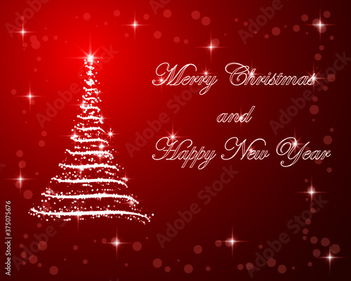 christmas card with christmas tree with lights and red background