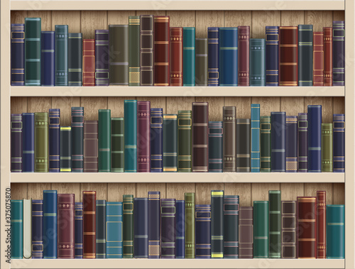 Many books on a wooden bookshelf in the library.
