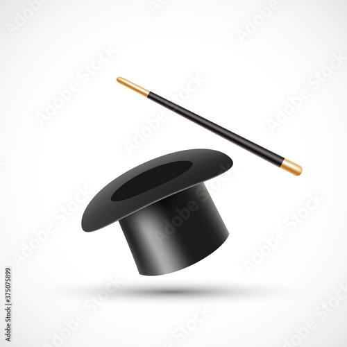 Magic wand and magic hat. Vector illustration.