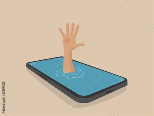 hand get drowned in smartphone. Smartphone addiction concept.