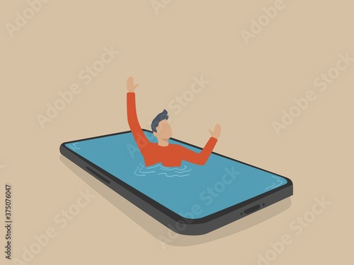 Smart phone addiction concept. Young man drowned or sank in the smartphone. Flat Art Vector illustration