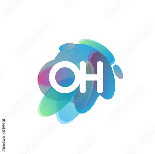 Letter OH logo with colorful splash background, letter combination logo design for creative industry, web, business and company.