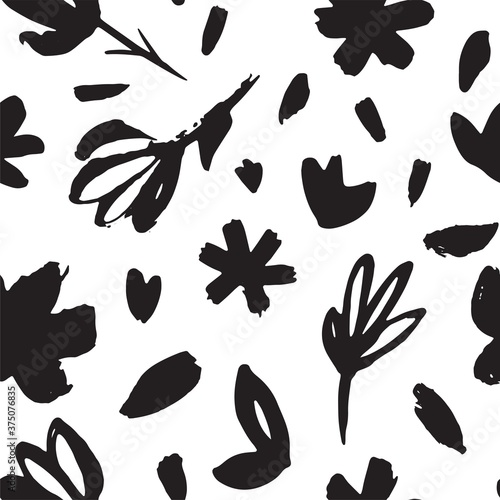Hand drawn seamless pattern with black ink flower. Grunge dry paint rough brush strokes. Monochrome floral backdrop
