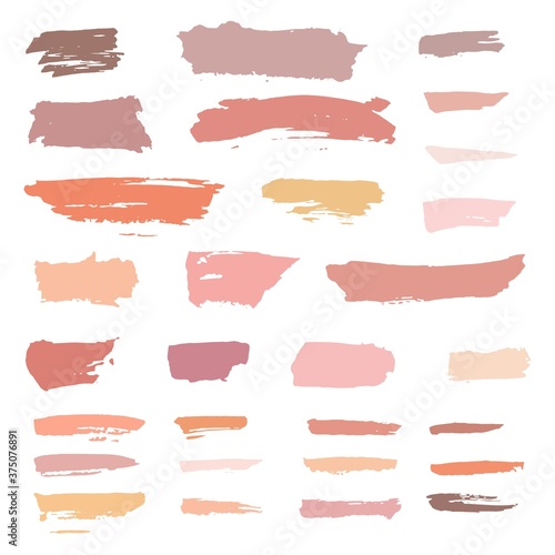 Makeup brush strokes template. Pastel and nude color cosmetics blush swatches. Lipstick or eyeshadow beauty smear set