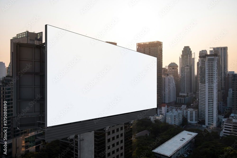 Blank white road billboard with Bangkok cityscape background at sunset. Street advertising poster, mock up, 3D rendering. Side view. The concept of marketing communication to promote or sell idea. Blank white road billboard with Bangkok cityscape background at sunset. Street advertising poster, mock up, 3D rendering. Side view. The concept of marketing communication to promote or sell idea.