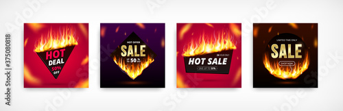 Sale banner set with realistic fire flames. 3d Burning light effect on geometric shapes background template for black friday design, decoration, price tag, discount, promo, poster. Vector Illustration
