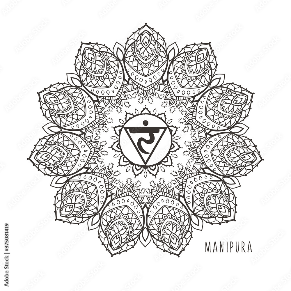 Manipura Third chakra vector illustration. Black and white Color. For