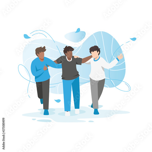 Friends walk and talk. Cheerful and happy people communicate, rejoice, have fun, relax, spend time together, hug, enjoy. Meeting of relatives and friends. Male friends went for walk in park.