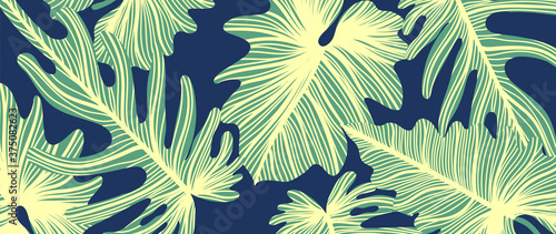 Luxury leaf art deco wallpaper. Nature background vector. Floral pattern with golden split-leaf Philodendron plant with monstera plant line art on trendy color background. Vector illustration.