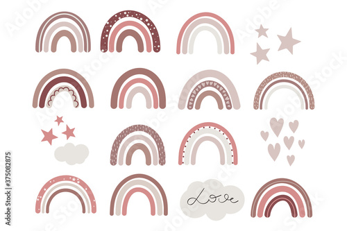 Boho Rainbow, trendy  modern rainbows vector illustration. Kids hand drawn pattern in neutral nude colors 