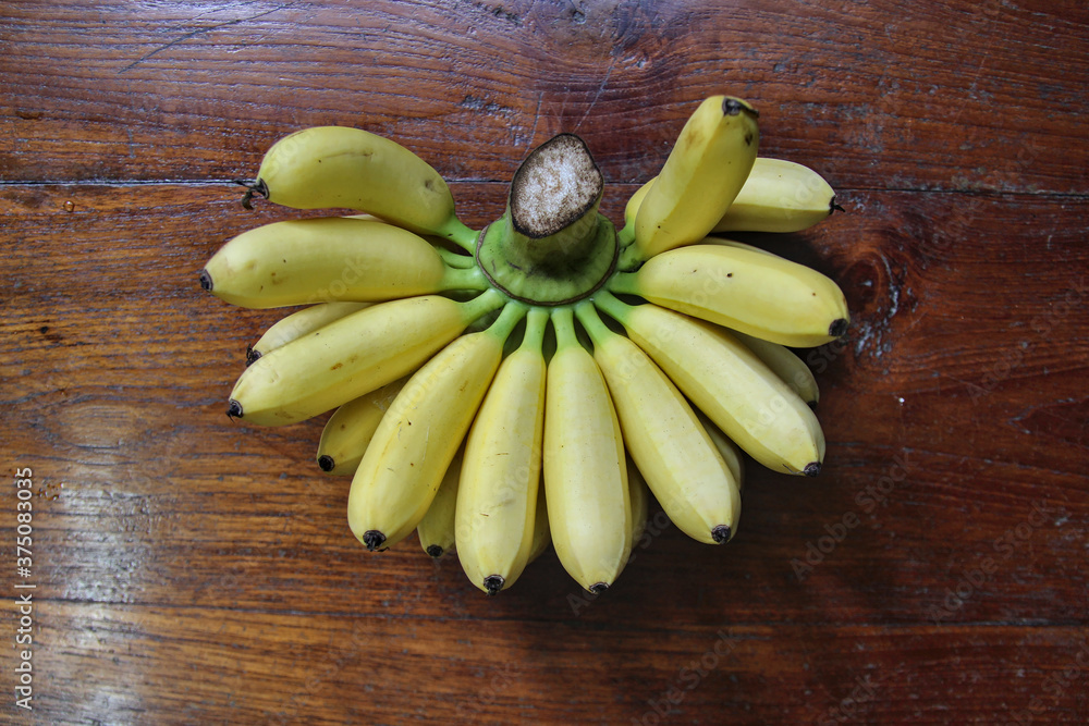 'Banana Khai' is a small banana. Popular to eat fresh fruit, good aroma, placed on a wooden table 'Banana Khai' is a small banana. Popular to eat fresh fruit, good aroma, placed on a wooden table