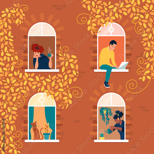 The concept of social isolation during the pandemic.Windows with people inside their houses,doing daily things in their apartments - drinking tea,watering potted plant,working at a computer.