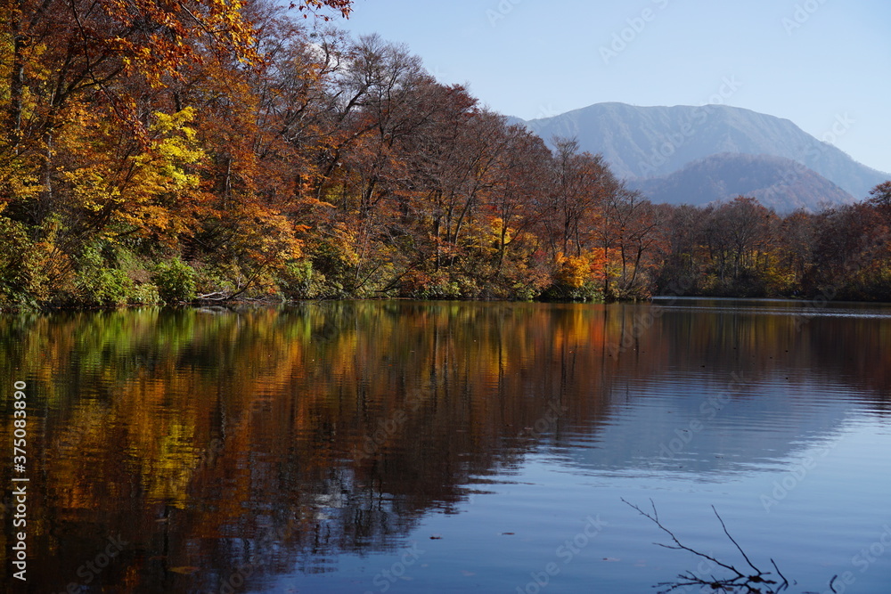 Beautiful lake reflection in autumn landscape at Northern Alps of Japan, Otari, Nagano