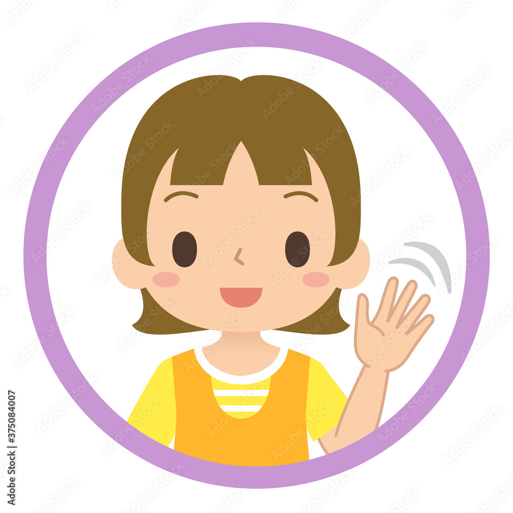 笑顔で手を振って挨拶する女の子のアイコン　子ども　イラスト