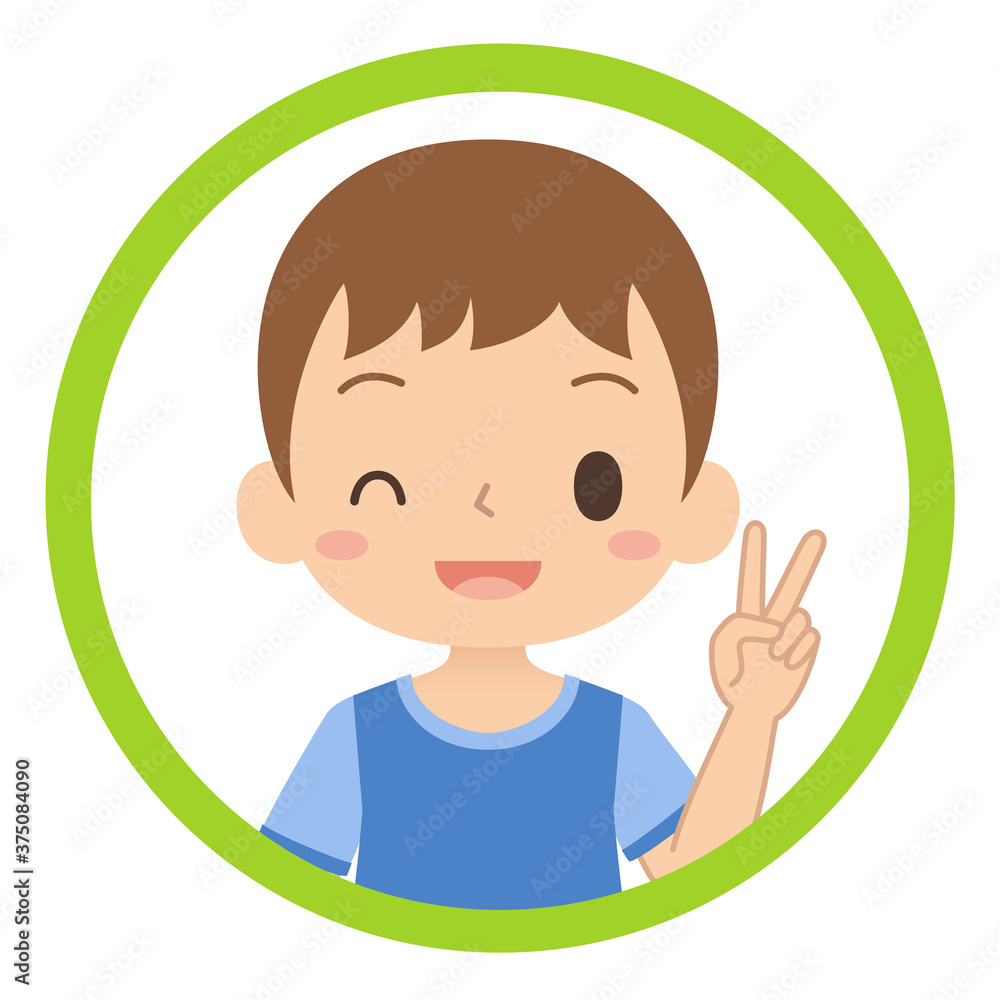 笑顔でピースサインをする男の子のアイコン　子ども　イラスト
