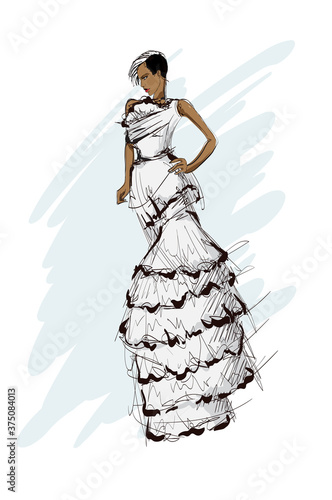 Beautiful young woman in modern style. Hand drawn stylish woman portrait. Fashion lady. Festive outfit. Sketch. Fashion model posing in dress. Hand drawn fashion woman.