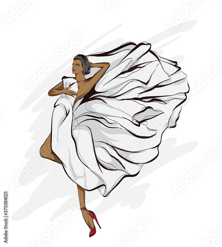 Beautiful young woman in modern style. Hand drawn stylish woman portrait. Fashion lady. Festive outfit. Sketch. Fashion model posing in dress. Hand drawn fashion woman.