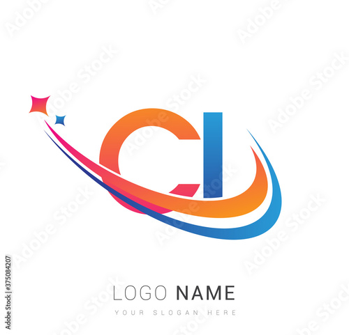 initial letter CI logotype company name colored orange, red and blue swoosh star design. vector logo for business and company identity.