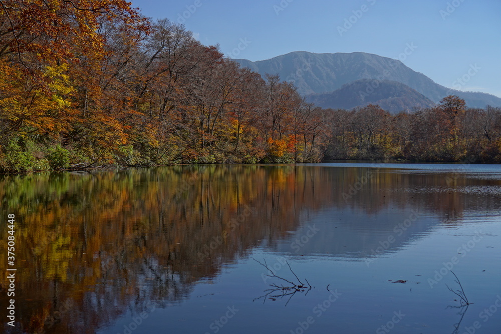 Beautiful lake reflection in autumn landscape at Northern Alps of Japan, Otari, Nagano