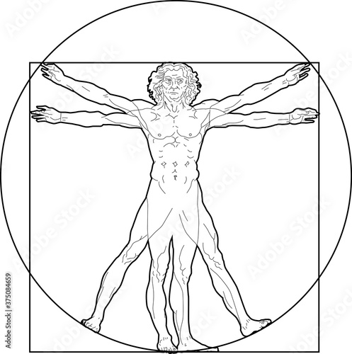 Stylized black white of the Vitruvian man or Leonardo's man. Homo vitruviano.