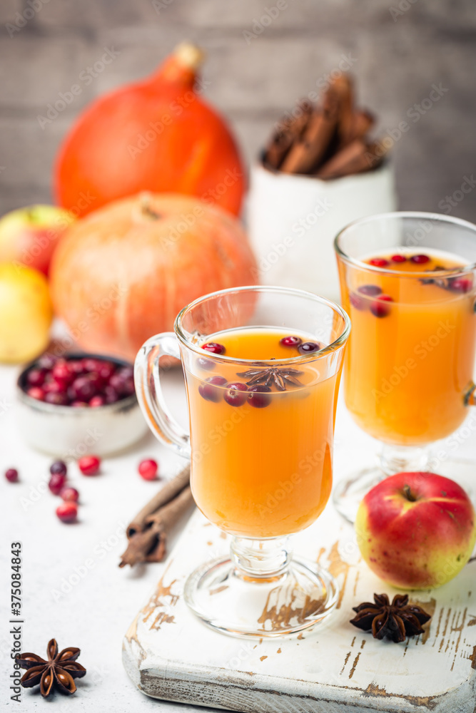 Spicy hot pumpkin punch or sangria in a glass with apple, cinnamon, anise. Halloween and Thanksgiving. Traditional autumn, winter drinks and cocktails Spicy hot pumpkin punch or sangria in a glass with apple, cinnamon, anise. Halloween and Thanksgiving. Traditional autumn, winter drinks and cocktails