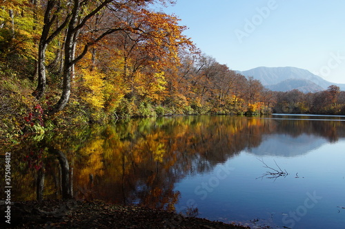 Beautiful lake reflection in autumn landscape at Northern Alps of Japan  Otari  Nagano