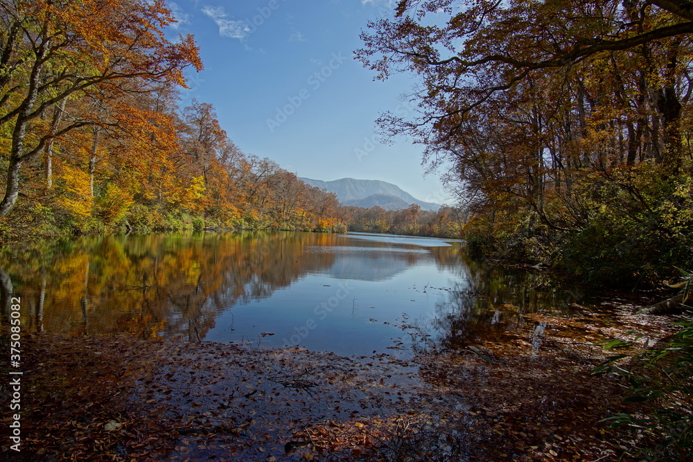 Beautiful lake reflection in autumn landscape at Northern Alps of Japan, Otari, Nagano