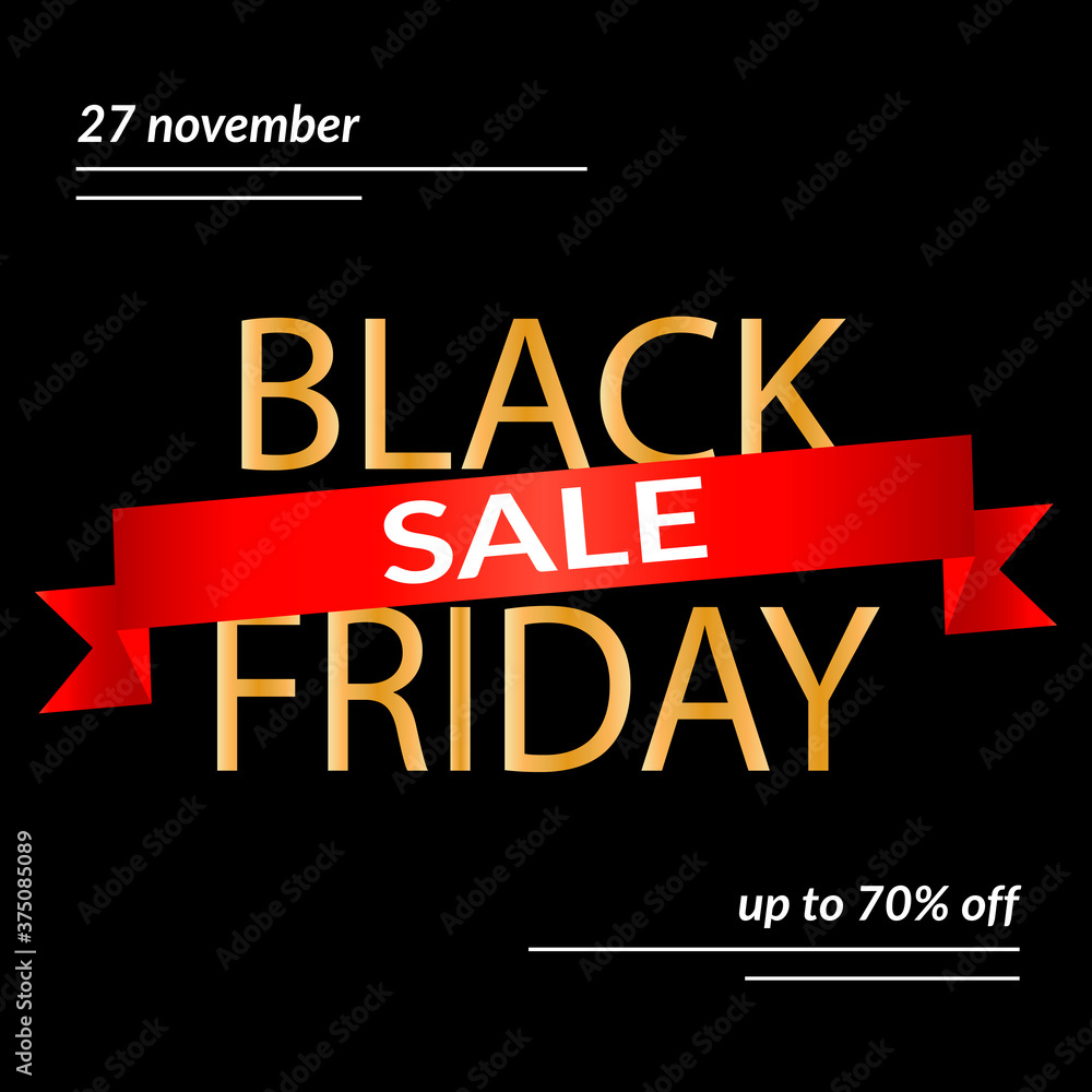 Black Friday sale poster. Design with gold letters and red gift ribbon on a dark background.