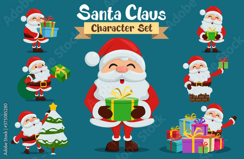 Santa claus characters vector set. Santa cartoon character in different christmas gift giving activity in happy facial expression isolated for xmas holiday season collection design. 