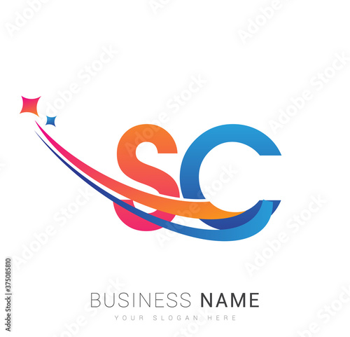 initial letter SC logotype company name colored orange, red and blue swoosh star design. vector logo for business and company identity.