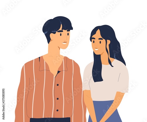 Young adults or teenage people looking at each other. Couple of smiling asian woman and man in love standing together. Flat vector cartoon illustration portrait isolated on white background