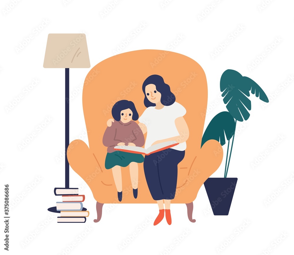 Mother and cute daughter reading book together vector flat illustration. Happy woman enjoy motherhood spending time with little girl isolated. Family hold literature with fairy tale sit on armchair