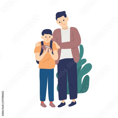 Father hug and support son having fail playing rugby football vector flat illustration. Parent taking care and feeling love to unhappy little boy holding ball isolated. Relationship of dad and child