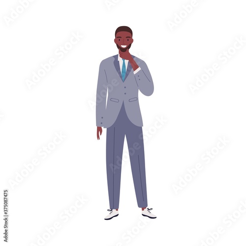 Stylish African American businessman thinking touching beard vector flat illustration. Happy fashionable guy in suit standing isolated on white background. Smiling male in official outfit