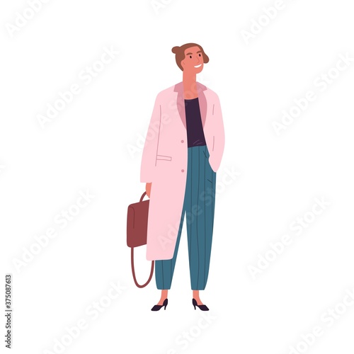 Modern girl in trendy outfit holding briefcase vector flat illustration. Smiling young businesswoman standing put hand in pocket of coat isolated on white. Thoughtful stylish female with handbag