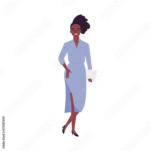 Trendy African American woman holding clutch bag vector flat illustration. Stylish young black skin businesswoman in elegant dress standing isolated on white. Smiling female in fashionable apparel