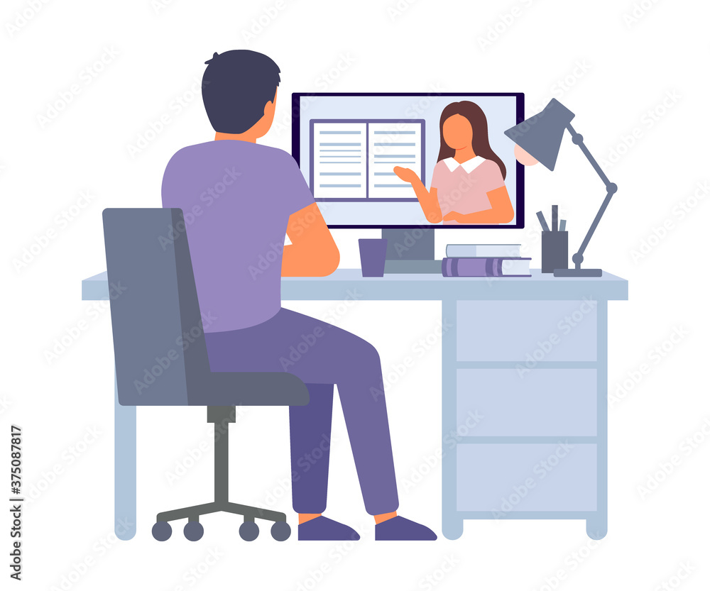 Online education and distance learning at home concept. Computer video conferencing to woman teacher. Video call online meeting. Workspace, remote work, collective virtual meeting. Vector flat