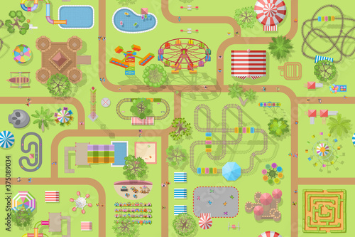 Seamless pattern. Amusement Park. (Top view) Attractions, paths, circus, plants, tents. (View from above)