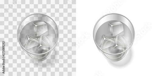 A glass with a drink and ice on a transparent background. Top view.