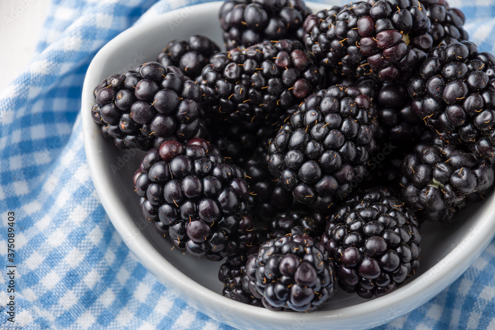 Close-up of blackberries in white bowl on blue checkered dishcloth, horizontal Close-up of blackberries in white bowl on blue checkered dishcloth, horizontal