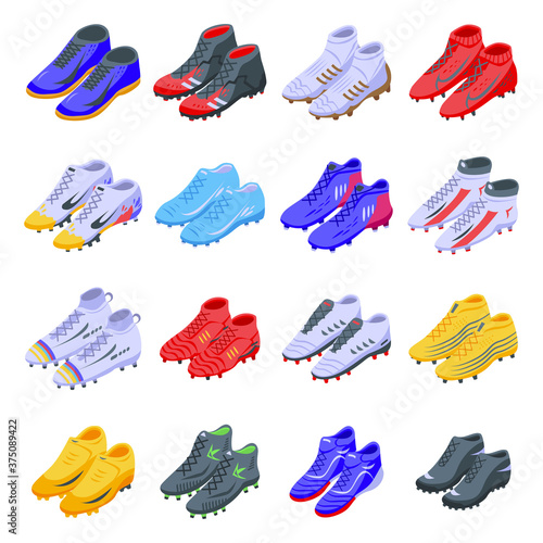 Football boots icons set. Isometric set of football boots vector icons for web design isolated on white background