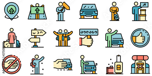 Hitchhiking icons set. Outline set of hitchhiking vector icons thin line color flat on white