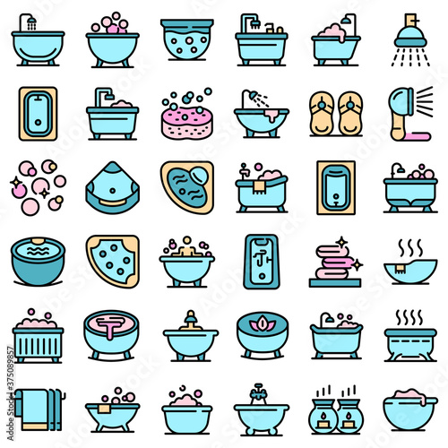Jacuzzi icons set. Outline set of jacuzzi vector icons thin line color flat on white