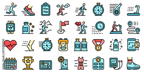 Running icons set. Outline set of running vector icons thin line color flat on white