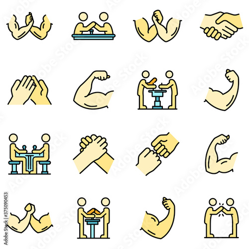 Arm wrestling icons set. Outline set of arm wrestling vector icons thin line color flat on white