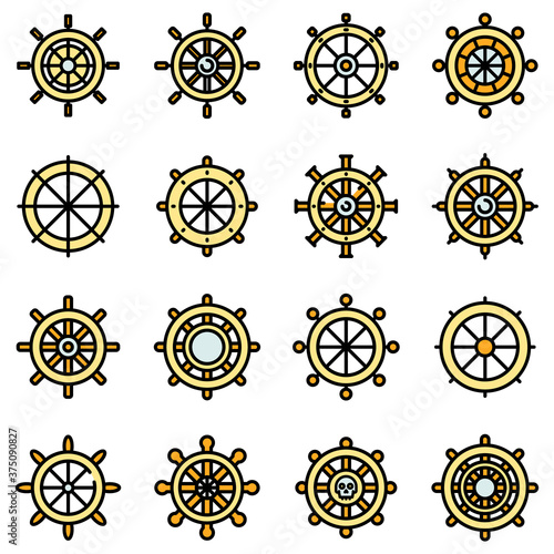 Ship wheel icons set. Outline set of ship wheel vector icons thin line color flat on white