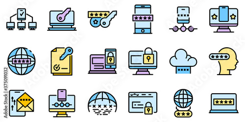 Multi-factor authentication icons set. Outline set of multi-factor authentication vector icons thin line color flat on white