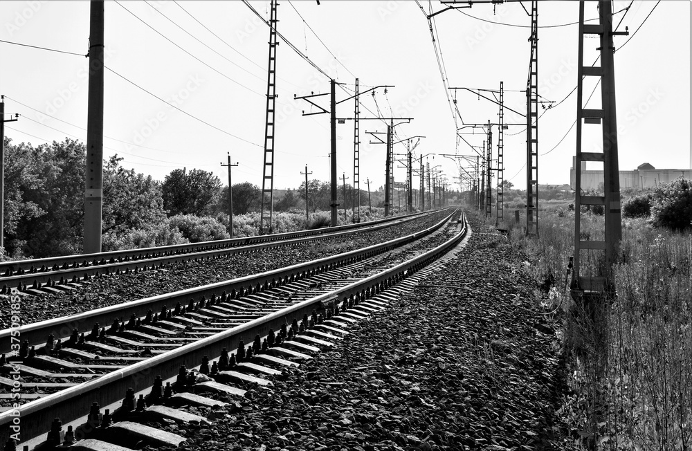 Railway, rails structure, black and white photo.